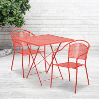 Flash Furniture CO-28SQF-03CHR2-RED-GG 28" Square Steel Folding Patio Table Set with 2 Round Back Chairs in Coral